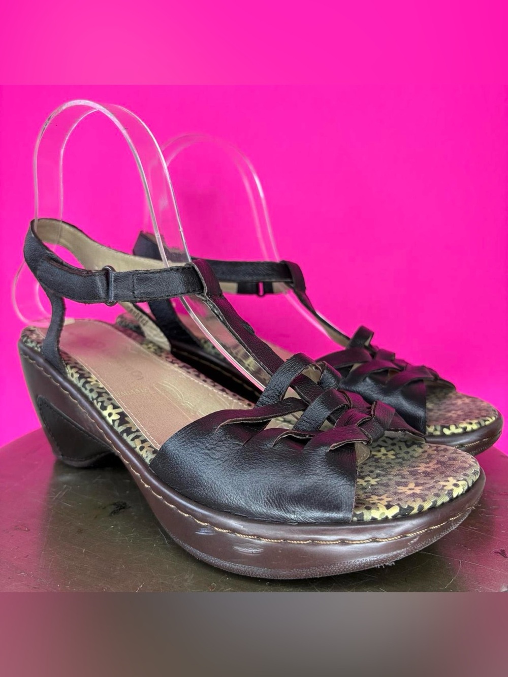 J-41 Alexandria Brown Leather T-Strap Open Toe Wedge Sandal  EU 7.5